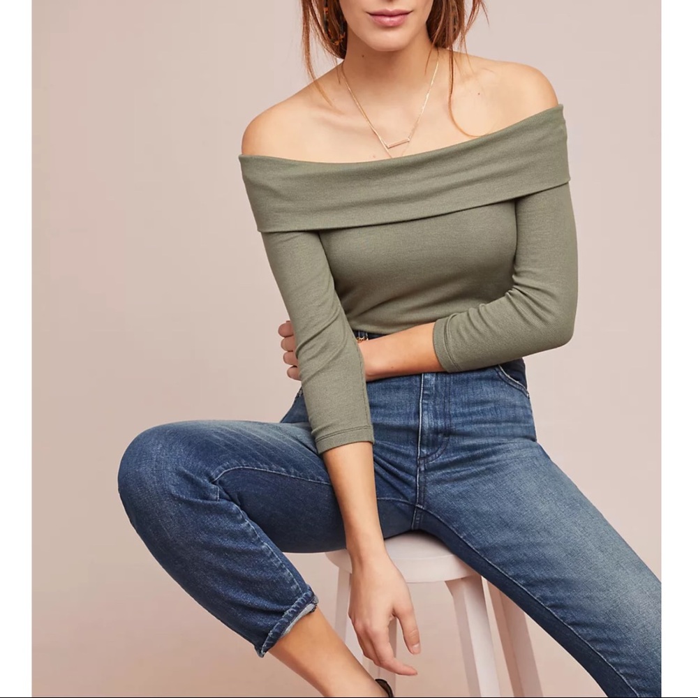 Anthropologie Saturday Sunday Olive Green Off Shoulder Ribbed Soft Top